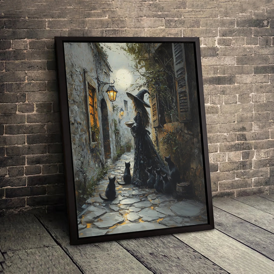 Witch Wall Art Canvas | Magical Cobblestone Alley With Black Cats | Premium Fade-Resistant Print | Gothic Halloween Home Decor Gift