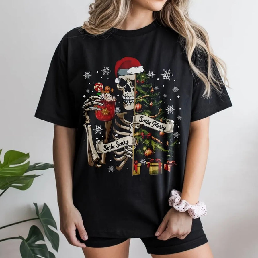 Sorta Merry Sorta Scary T-Shirt | Skeleton Christmas Tree Graphic | Premium Cotton Unisex Tee | Funny Holiday Gift for Spooky Season Lovers
