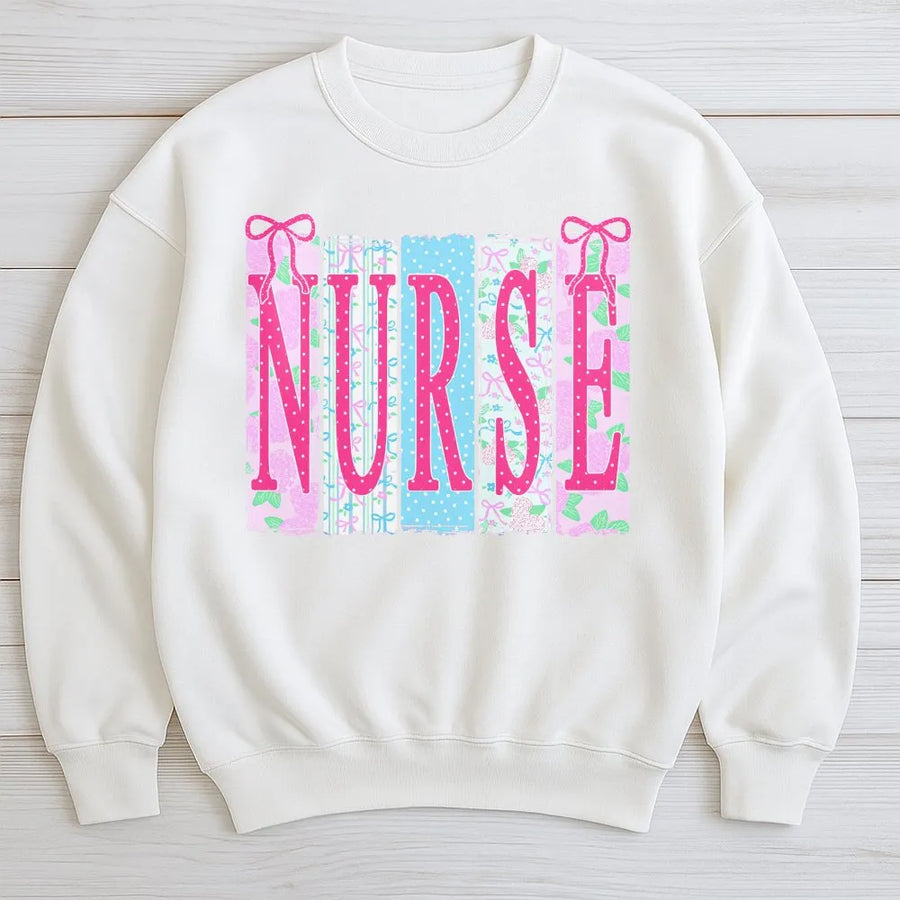 Coquette Nurse Sweatshirt | Ditsy Floral & Bow Pattern Pullover | Soft Cotton Blend | Premium Gift for RN, NICU Nurse, Nursing Student