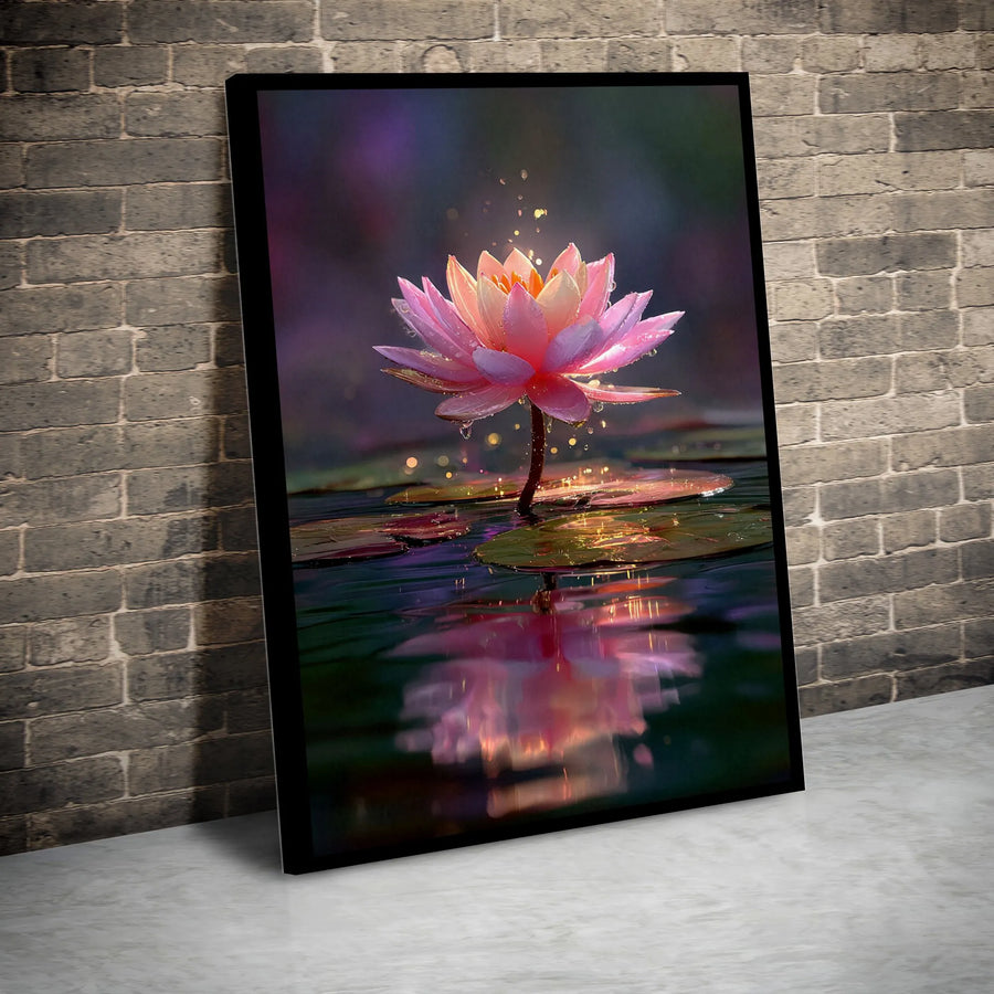 Glowing Lotus Flower Canvas Art | Serene Pink Water Lily with Reflection | Premium Fade-Resistant Print | Zen Wall Decor Gift for Yoga Studio