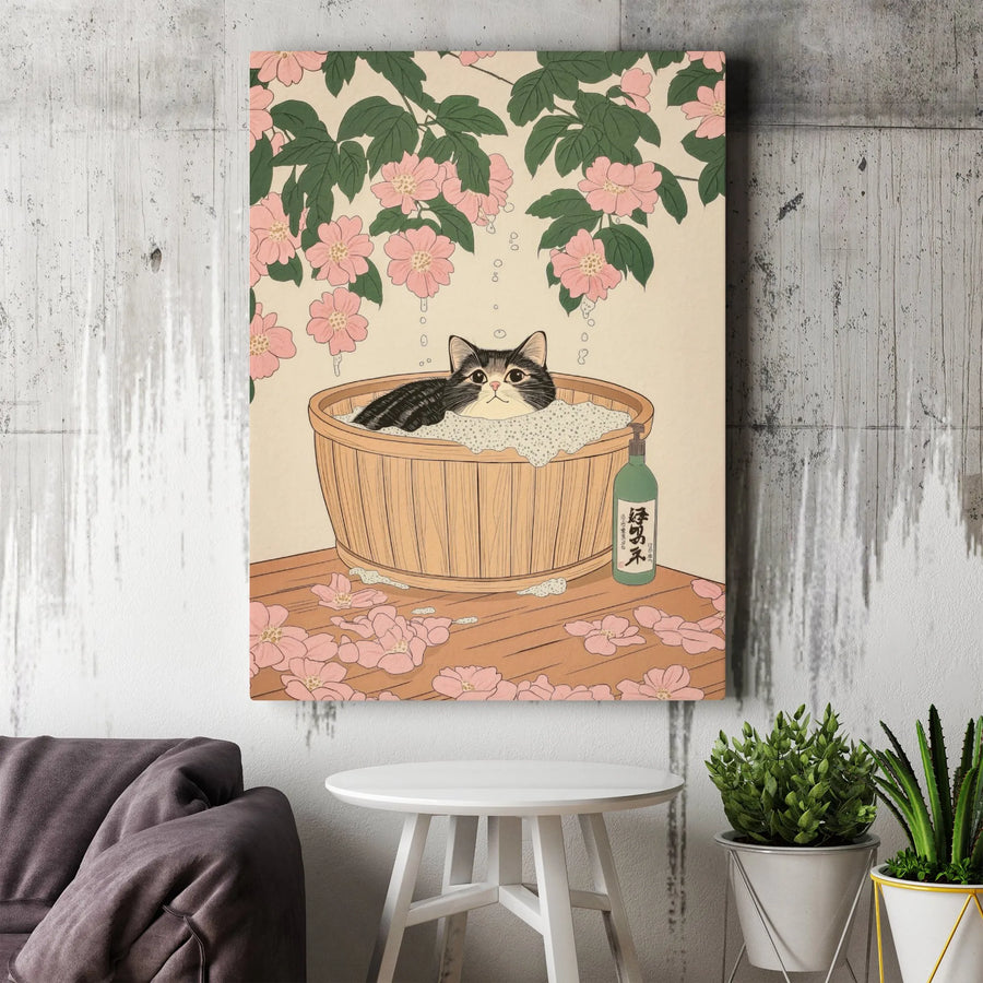 Japanese Cat Art Canvas Print | Cute Ukiyo-e Style Bubble Bath Decor | Premium Gallery Wrapped Wood Frame | Unique Whimsical Animal Wall Art Gift