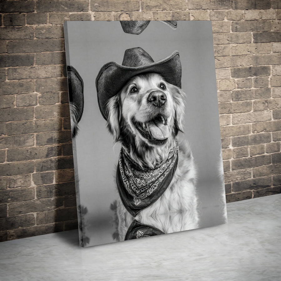 Cowboy Dog Canvas Wall Art | Golden Retriever Black and White Photo | Premium Gallery Wrap Canvas | Gift for Dog Lover & Western Home Decor