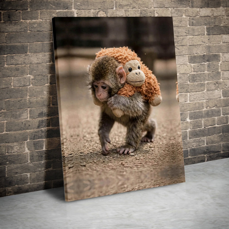 Baby Monkey Canvas Wall Art | Cute Monkey with Stuffed Animal Photo | Premium Gallery Wrapped Canvas | Nursery Decor & Animal Lover Gift