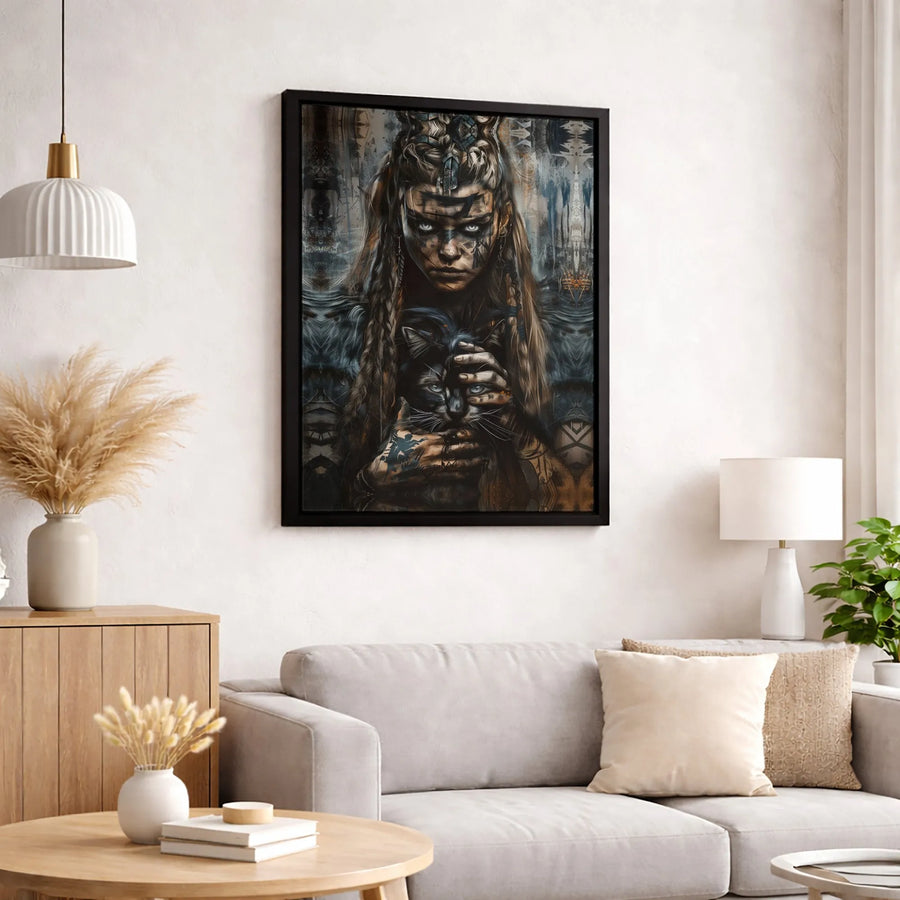 Viking Warrior Woman Canvas Art | Dark Fantasy Black Cat Portrait | Premium Gallery-Wrapped Print | Norse Mythology Gift for Home Decor