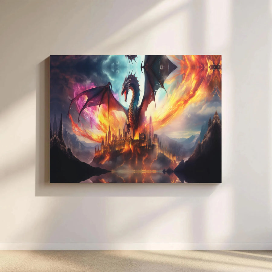 Epic Dragon Canvas Wall Art | Burning Fantasy Castle Landscape | Premium Gallery-Wrapped Print | Gift for Fantasy Lovers and Gamers