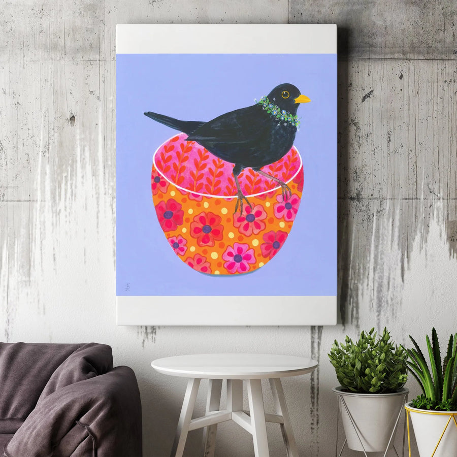 Folk Art Blackbird Vertical Canvas | Colorful Bird with Flower Wreath Print | Premium Gallery Wrapped Wall Art | Unique Gift for Bird Lover