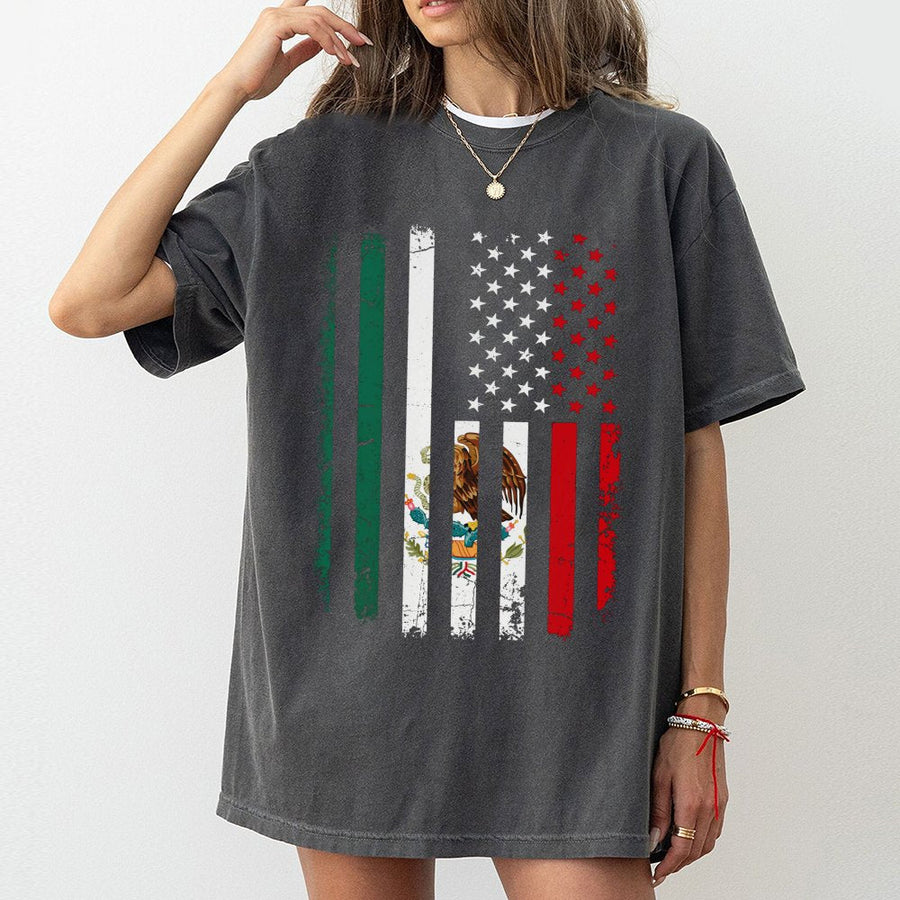 Mexican American Flag T-Shirt | Distressed Dual Heritage Graphic Print | Premium 100% Cotton Tee | Gift for Latino Pride and Heritage Month
