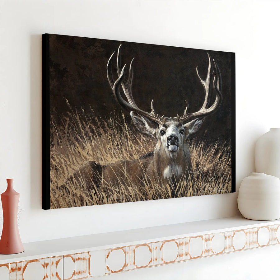 Mule Deer Canvas Wall Art | Trophy Buck In Tall Grass Painting | Premium 1.25" Gallery Wrap | Wildlife Home Decor Gift For Hunters