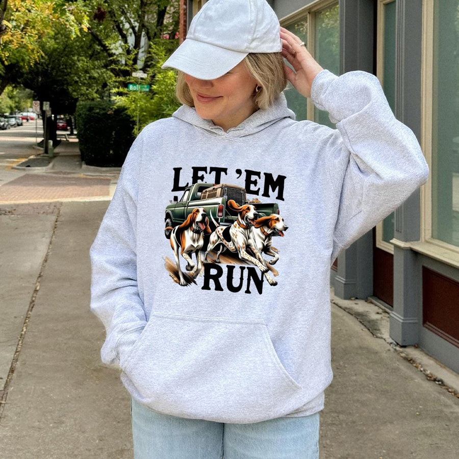 Hound Dog Hunting Hoodie | Let 'Em Run Graphic | Premium Cotton Blend | Country Lifestyle Gift for Outdoorsmen