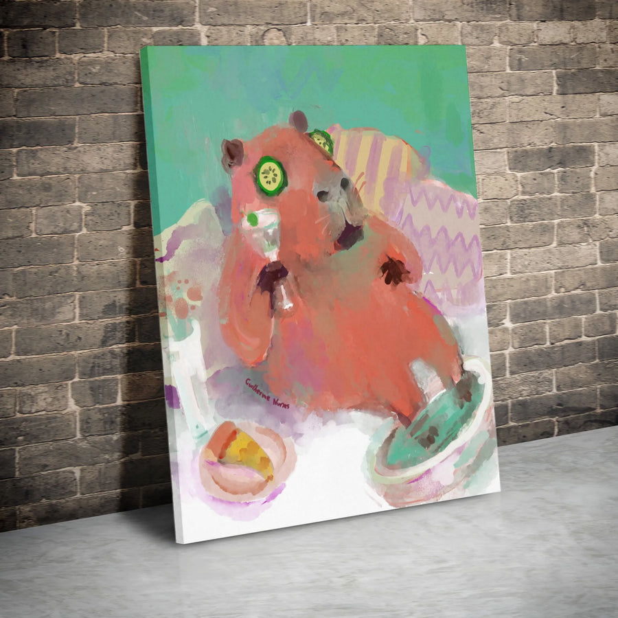 Funny Capybara Wall Art | Spa Day Watercolor Painting | Premium 1.25" Thick Canvas | Unique Bathroom Decor Gift for Animal Lovers