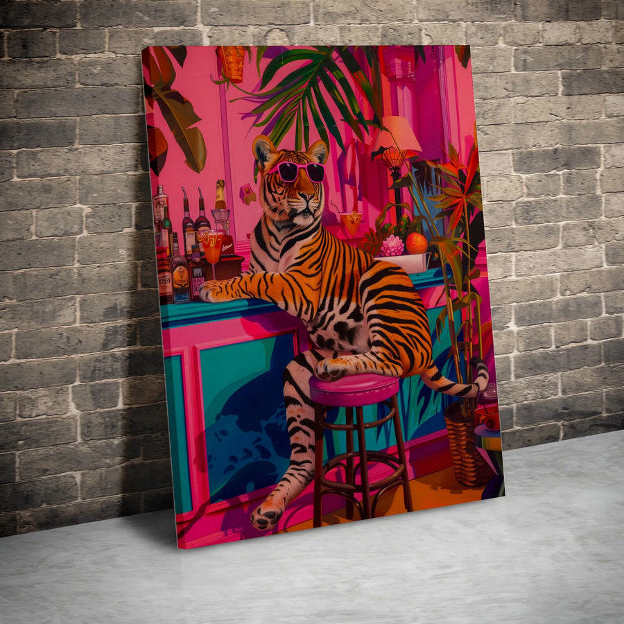 Cool Tiger Bar Vertical Canvas | Quirky Animal in Sunglasses Art Print | Premium Gallery Wrapped Canvas | Maximalist Home Decor Gift