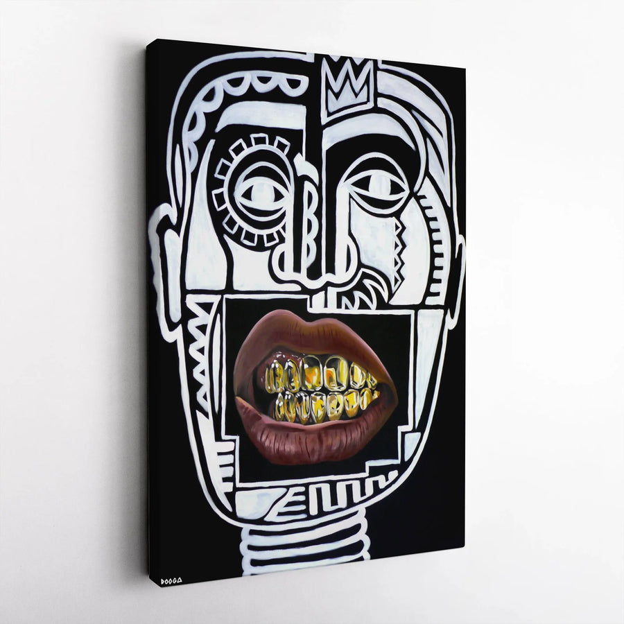 Abstract Gold Grillz Vertical Canvas | Modern Graffiti King Portrait | Premium Gallery Wrap Wall Art | Collector's Hip Hop Urban Decor Gift
