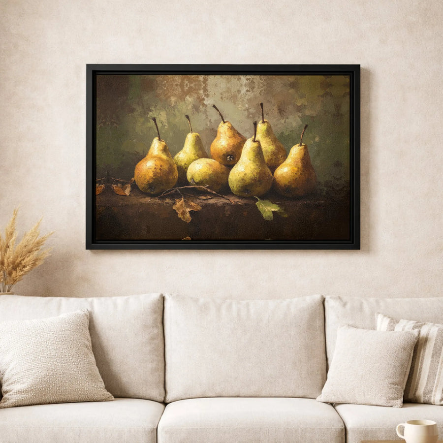 Still Life Pear Painting | Rustic Farmhouse Kitchen Wall Art | Gallery Wrapped Canvas | Premium Harvest Home Decor Gift
