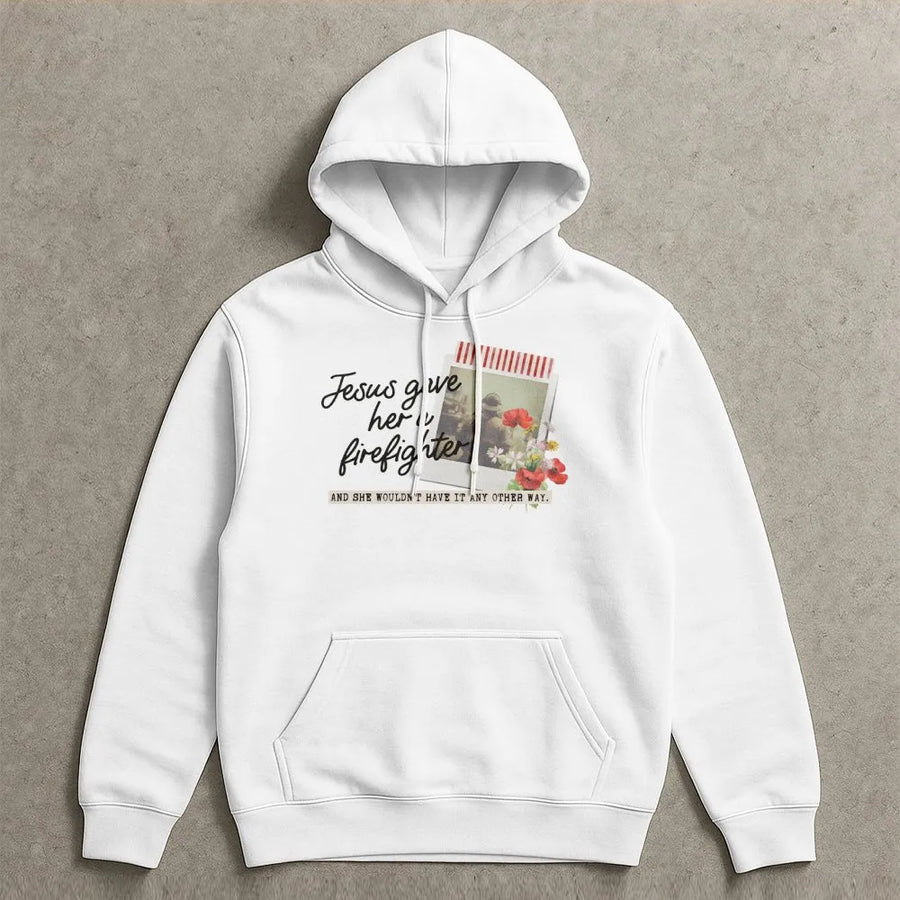 Jesus Gave Her A Firefighter Hoodie | Floral Polaroid Graphic Design | Premium Cotton Blend | Gift for Firefighter Wife and First Responder Spouse