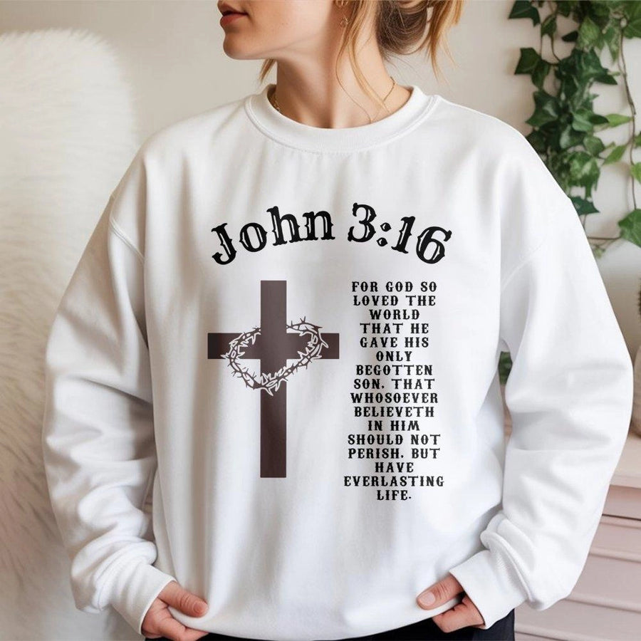 John 3:16 Sweatshirt | Christian Cross Bible Verse Graphic | Premium Cotton Blend | Faith Based Gift for Men and Women