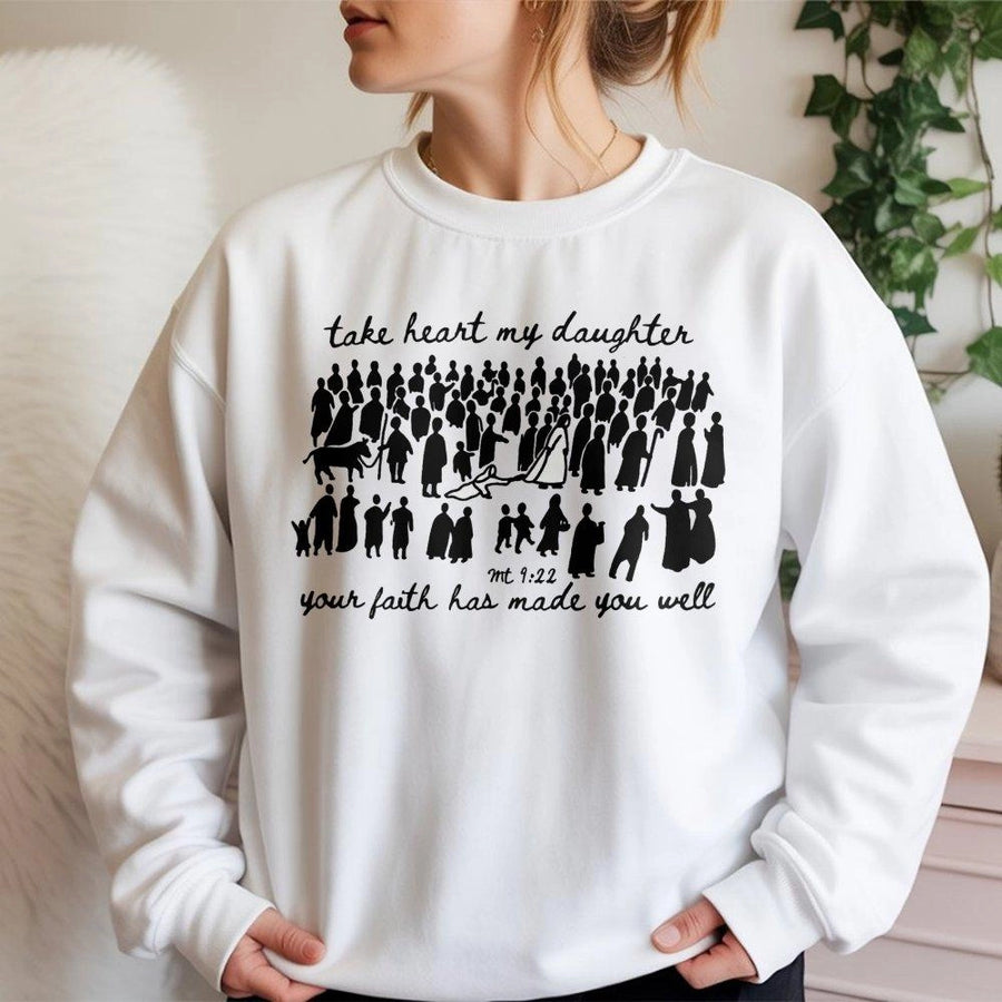 Christian Faith Sweatshirt | Take Heart My Daughter Scripture Graphic | Premium Cotton Blend | Religious Gift for Women and Believers