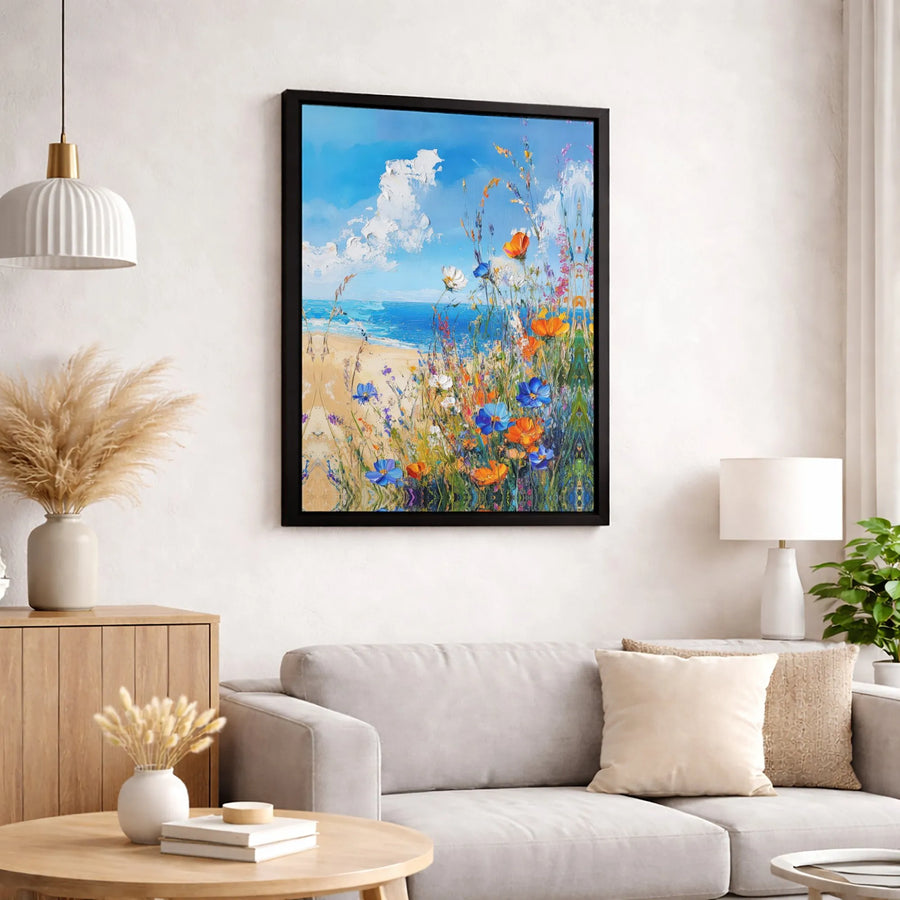 Coastal Wildflowers Canvas Wall Art | Textured Impasto Beach Landscape | Premium Fade-Resistant Print | Elegant Home Decor Gift