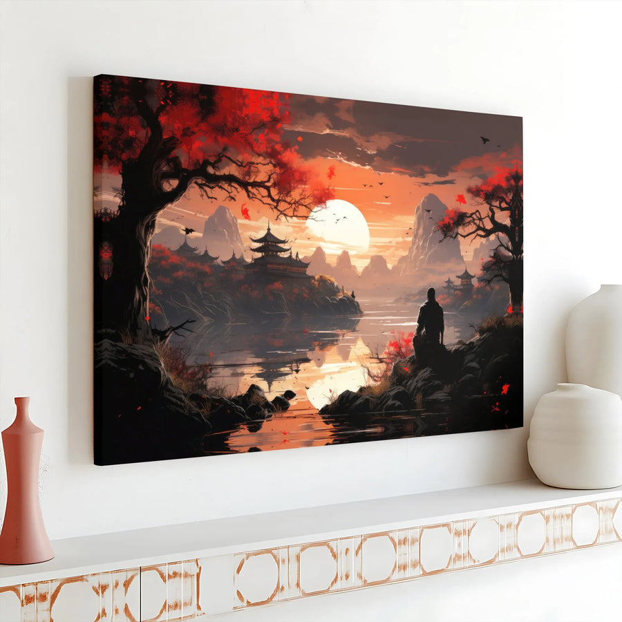 Japanese Sunset Pagoda Horizontal Canvas | Serene Mountain Lake & Red Autumn Trees | Premium Gallery-Style Wall Art | Zen Meditation Room Decor