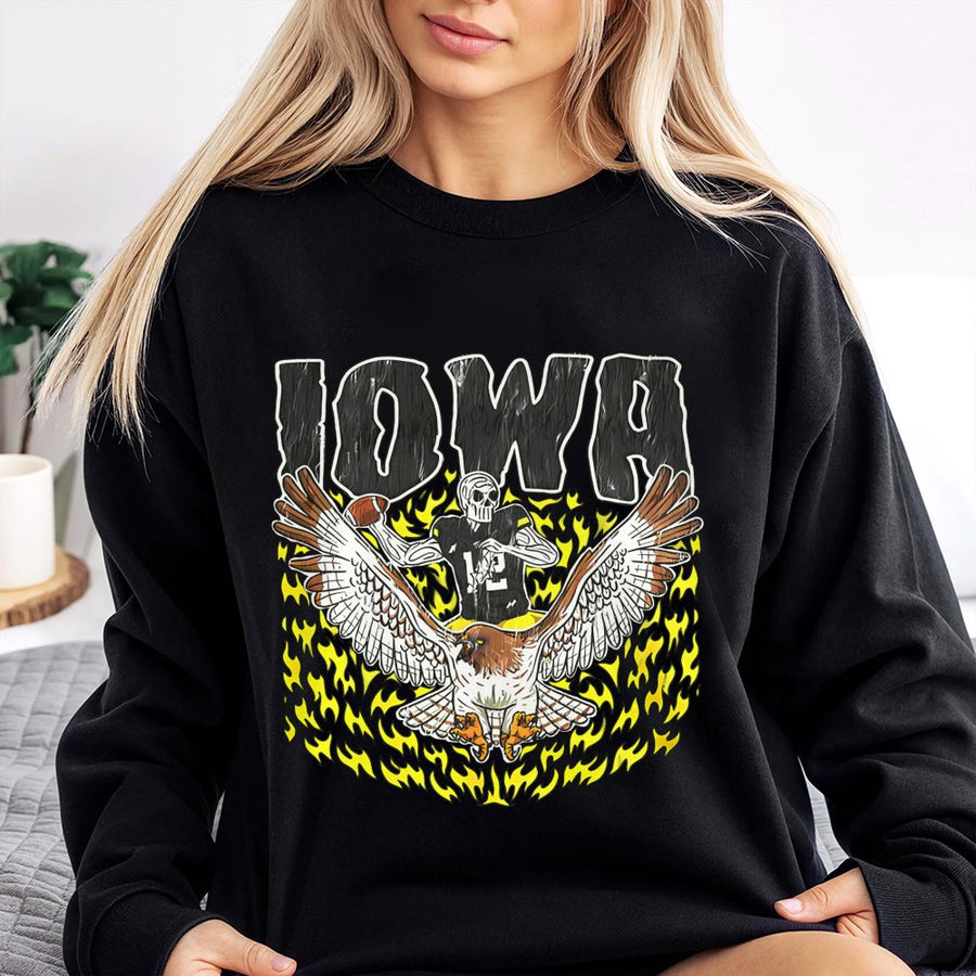 Iowa With A Skeleton Football Player Holding A Football And Riding A Hawk Surrounded By Flames Sweatshirt