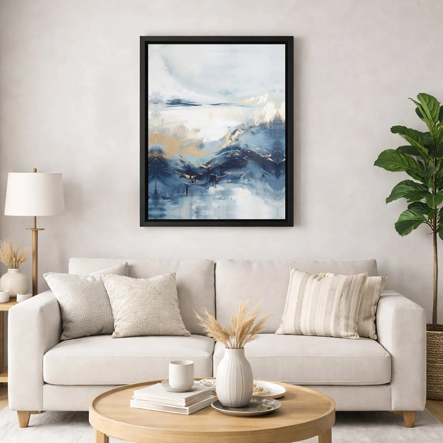 Abstract Blue Seascape Canvas Wall Art | Gold Foil Effect Modern Painting | Premium Gallery Wrap Print | Luxury Coastal Home Decor Gift