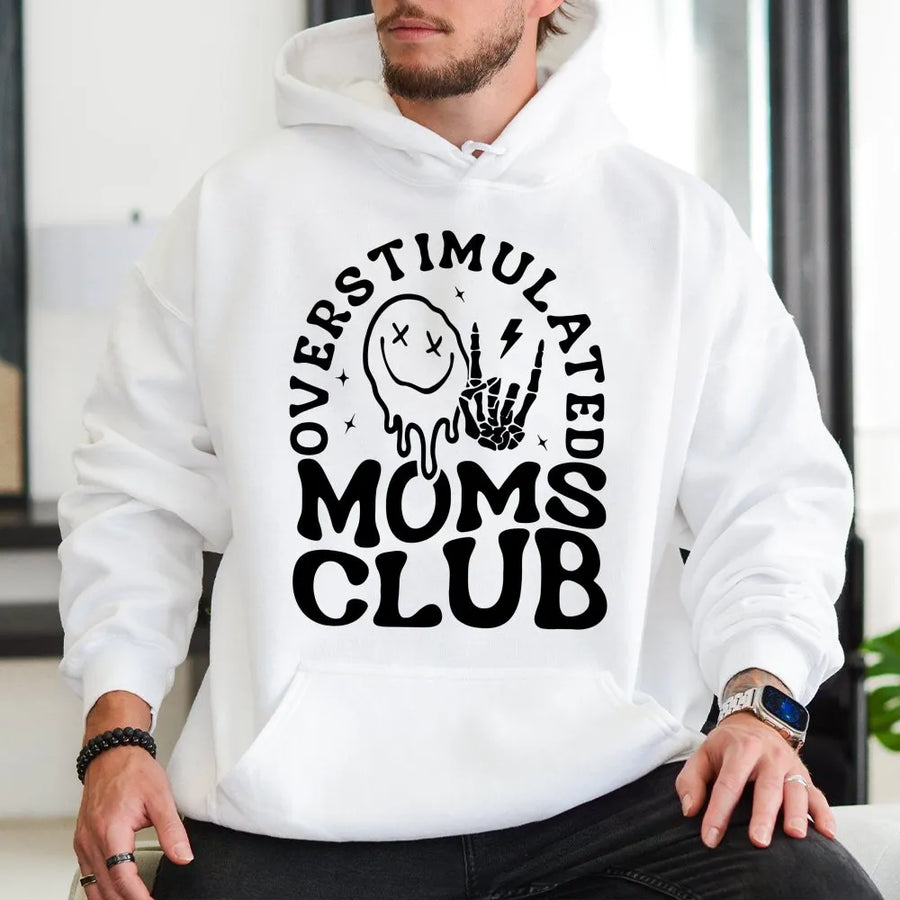 Overstimulated Moms Club Hoodie | Retro Groovy Aesthetic Pullover | Premium Cotton Blend Sweatshirt | Funny Gift for Mom, New Mom or Tired Parents