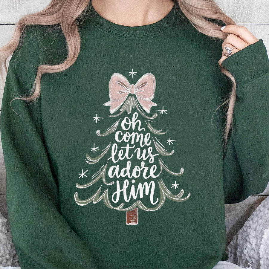Oh Come Let Us Adore Him Sweatshirt | Aesthetic Christmas Tree Graphic | Cotton Blend Premium Crewneck | Christian Holiday Gift for Her