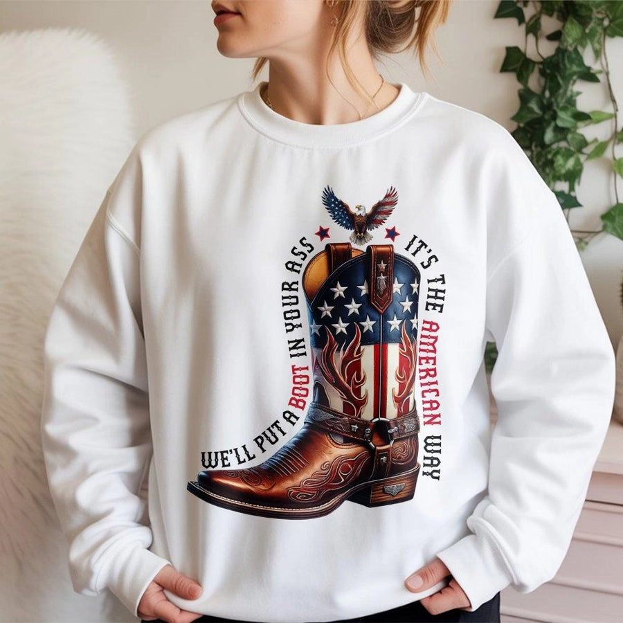 American Flag Cowboy Boot Sweatshirt | Patriotic Bald Eagle Graphic | Premium Cotton Blend | Funny Country Music Lover Gift for Men and Women