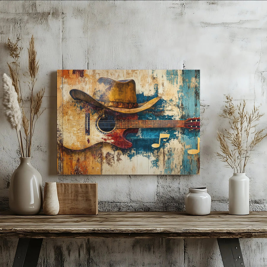 Rustic Country Music Canvas Wall Art | Cowboy Hat and Guitar Western Decor | Premium Fade-Resistant Print | Gift for Music Lovers