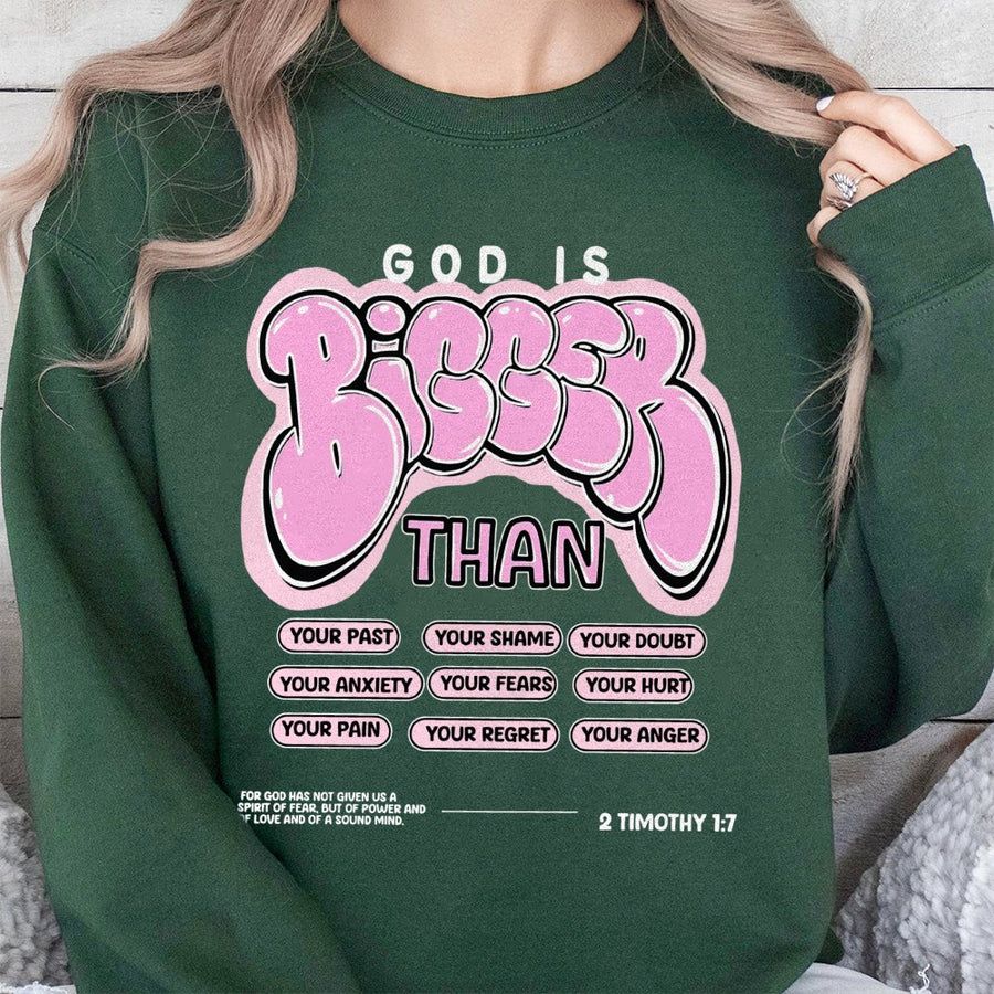 God Is Bigger Than Sweatshirt | Christian Faith Bible Verse Graphic | Premium Cotton Blend Crewneck | Religious Gift for Men and Women