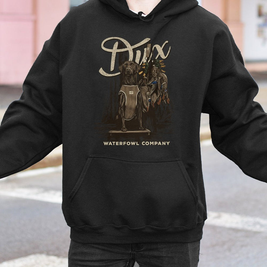 Dux Waterfowl Labrador Hunting Hoodie | Retriever Duck Hunter Design | Cotton-Poly Blend Premium Apparel | Gift for Outdoorsmen & Hunters