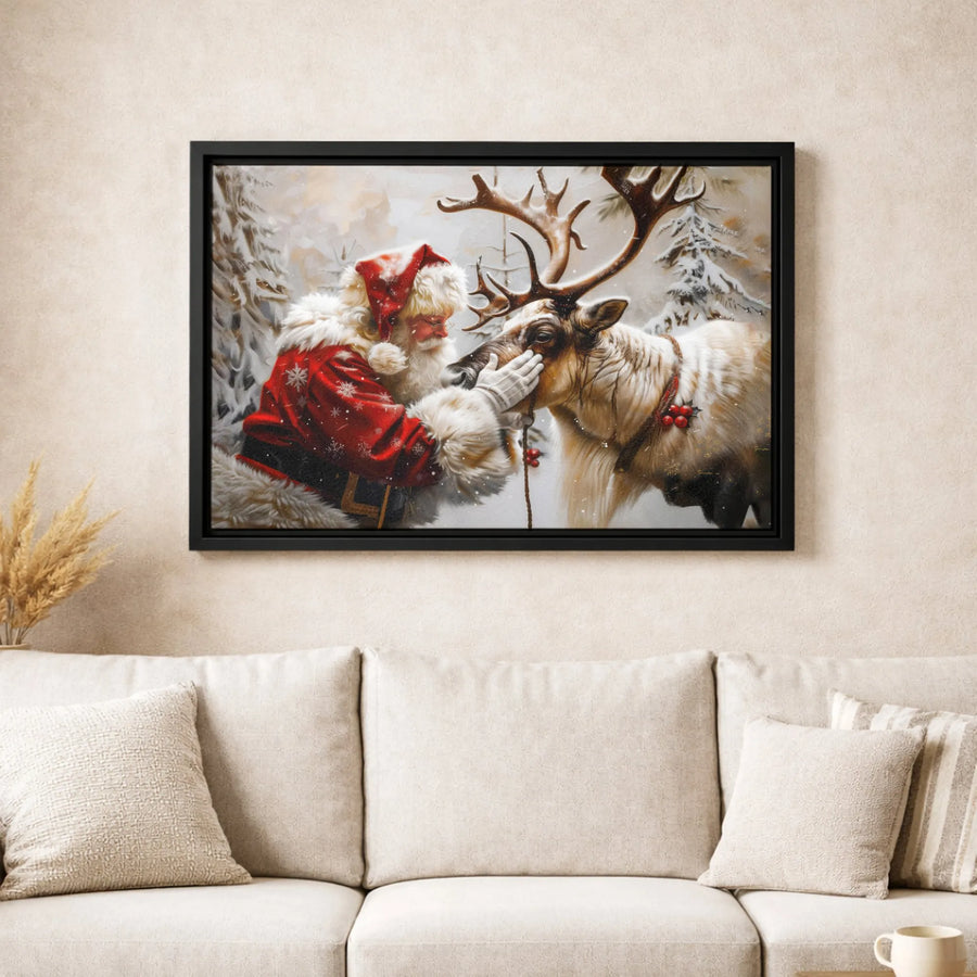 Santa Claus Reindeer Canvas Wall Art | Cozy Winter Snowy Forest Scene | Gallery Wrapped Premium Print | Festive Holiday Home Decor Gift