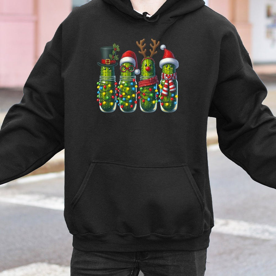 Christmas Pickle Hoodie | Funny Holiday Jar Print with Santa Hats & Lights | Soft Cotton-Blend Sweatshirt | Festive Gift for Foodie Lovers