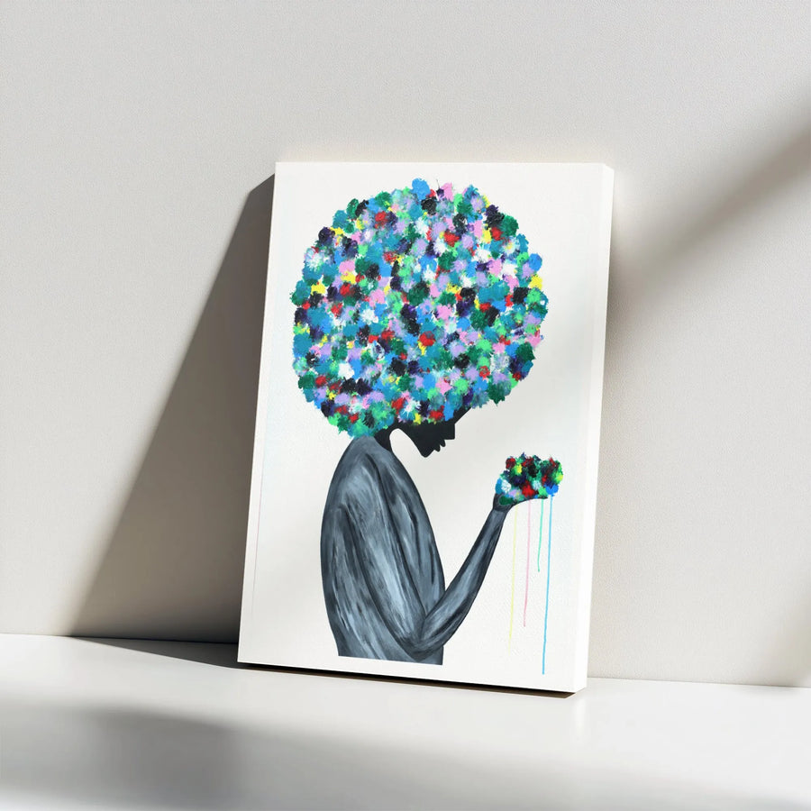 Black Woman Art Print | Colorful Floral Afro Abstract Canvas | Gallery Wrapped Premium Wall Decor | Inspiring Home Office Gift for Her