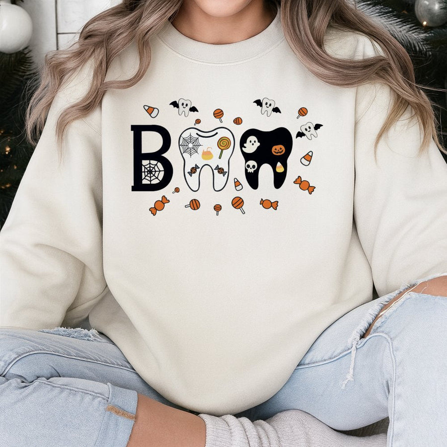 Halloween Boo Tooth Sweatshirt | Cute Dental Ghost Candy Graphic | Soft Cotton Blend Crewneck | Spooky Dentist Gift for Dental Hygienist