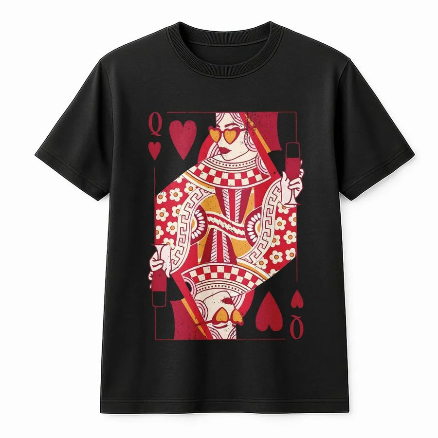 Queen Of Hearts Playing Card T-Shirt | Retro Graphic Wine Lover Design | Premium Soft Cotton Tee | Unique Gift For Her, Valentines Day, Mom