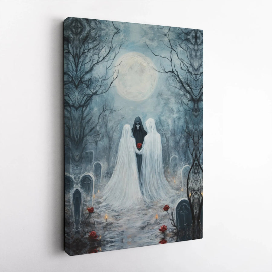 Gothic Wall Art | Grim Reaper With Ghost Brides & Red Roses | Gallery-Quality 1.25" Canvas | Macabre Home Decor Gift