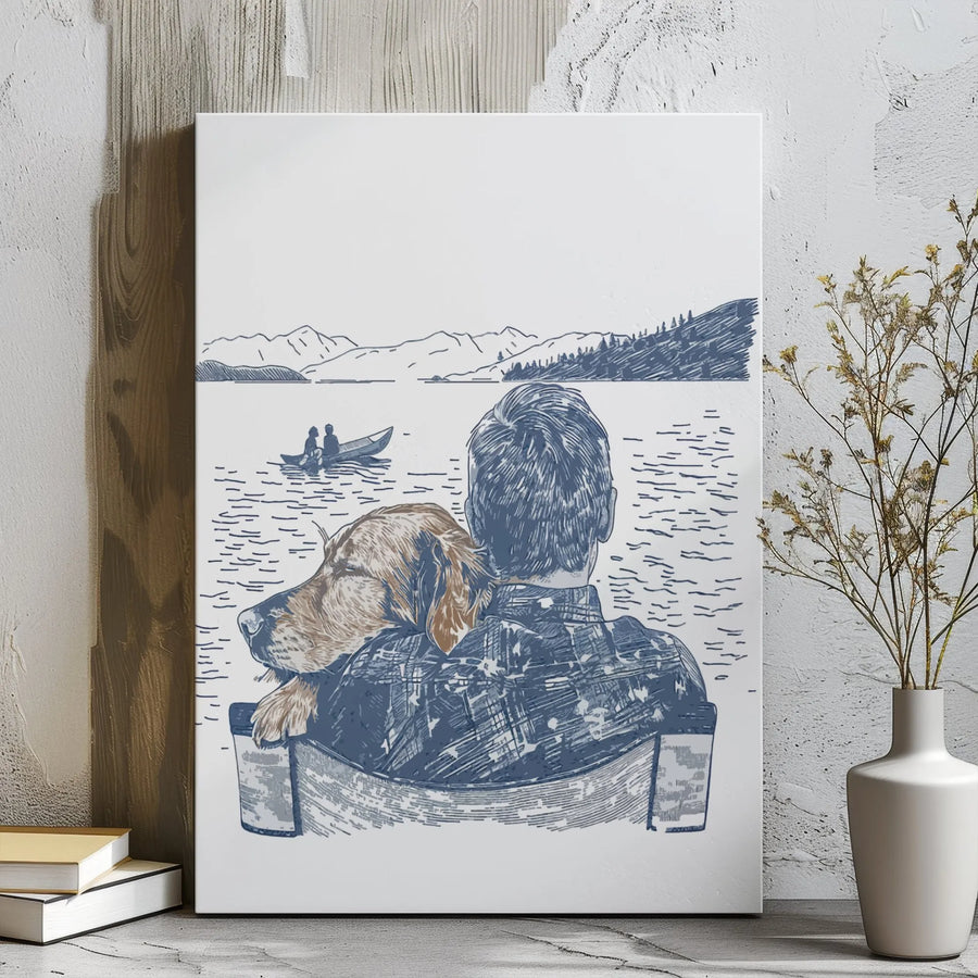 Man and Dog Lake View Canvas | Hand-Drawn Sketch Art | Premium 1.25-Inch Gallery Wrap | Heartfelt Pet Owner Gift for Home Decor