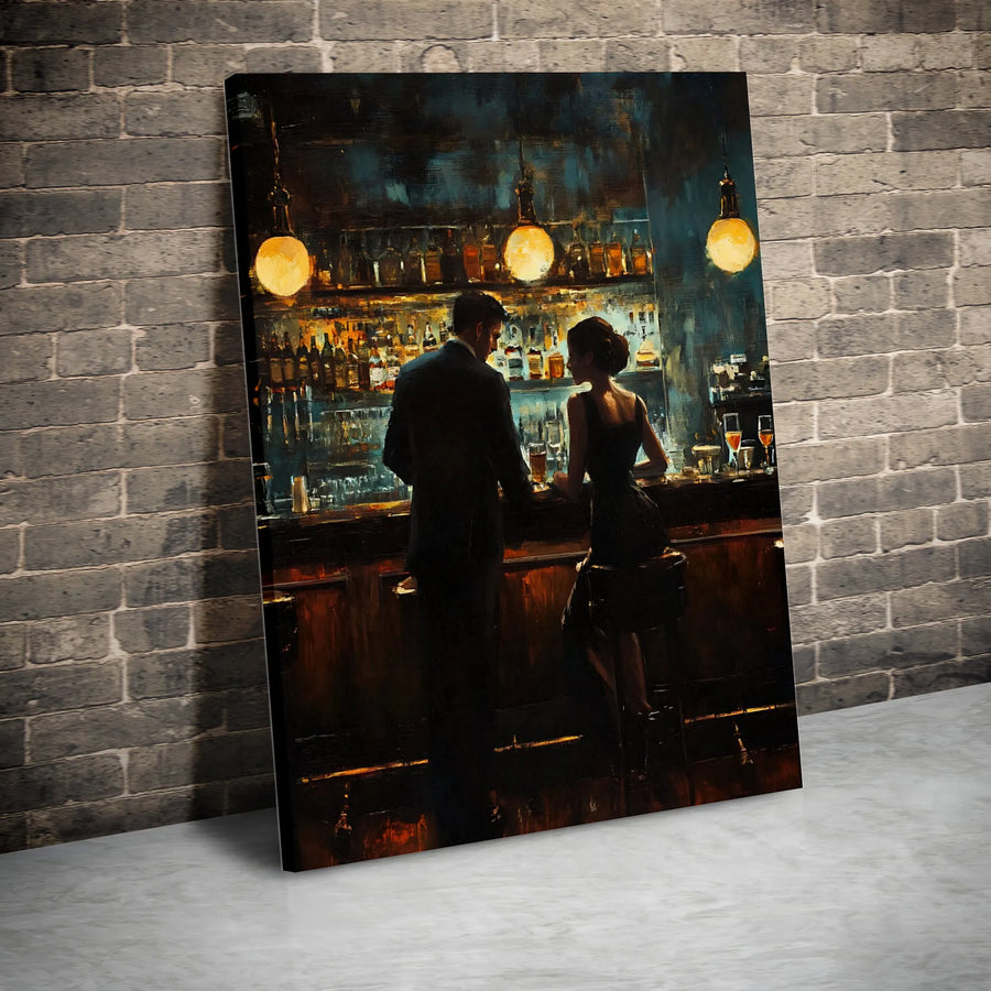 Cocktail Bar Couple Canvas Art | Impressionist Romantic Nightclub Scene | 1.25 Inch Gallery Wrap | Elegant Home Office Decor Gift