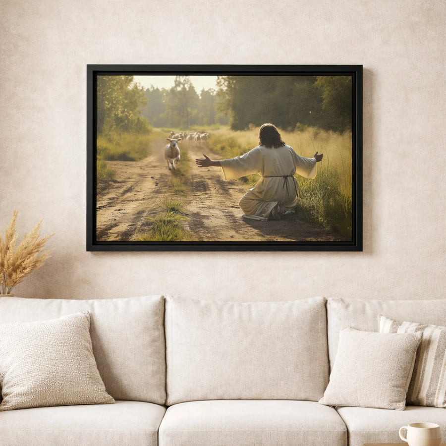 Jesus With Lamb Canvas Wall Art | Shepherd Welcoming The Lost Sheep | Premium Gallery Wrap Print | Faithful Christian Home Decor Gift