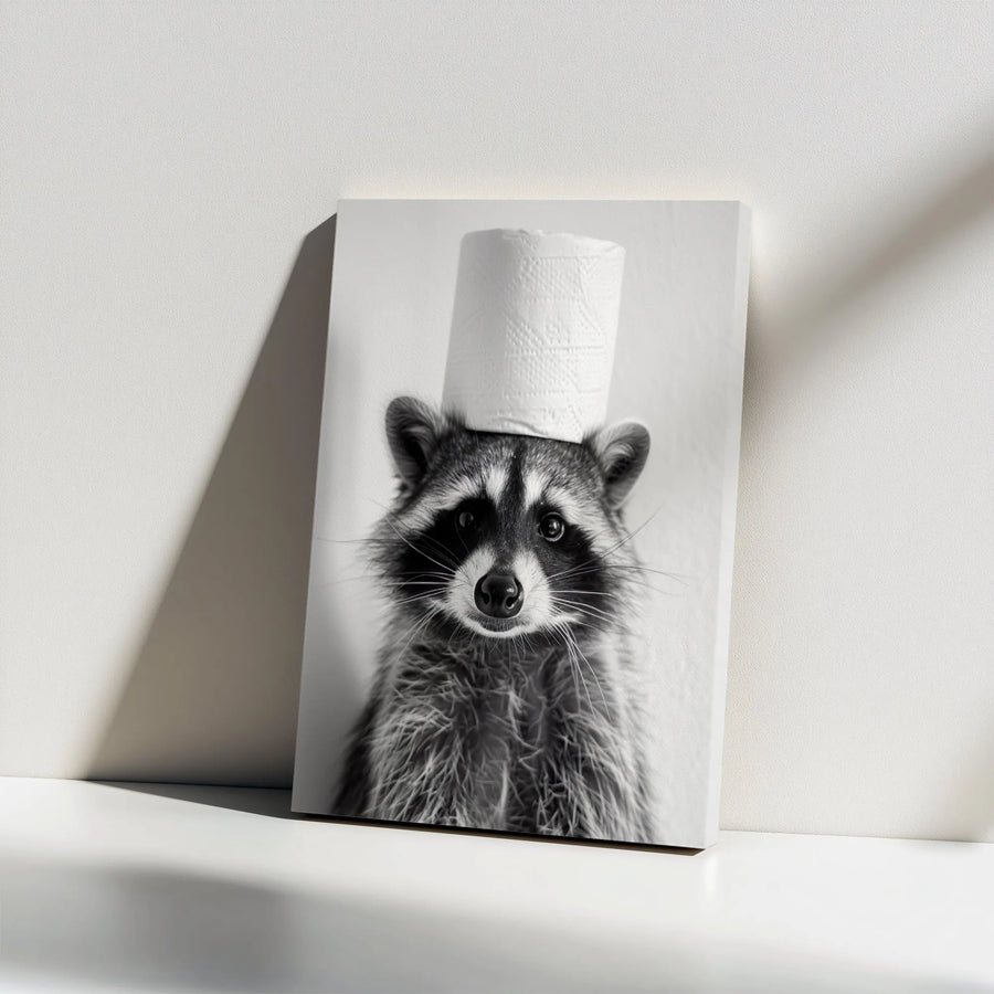 Raccoon Toilet Paper Canvas Wall Art | Funny Animal Bathroom Decor | Premium Gallery Wrap Print | Whimsical Home Office Gift