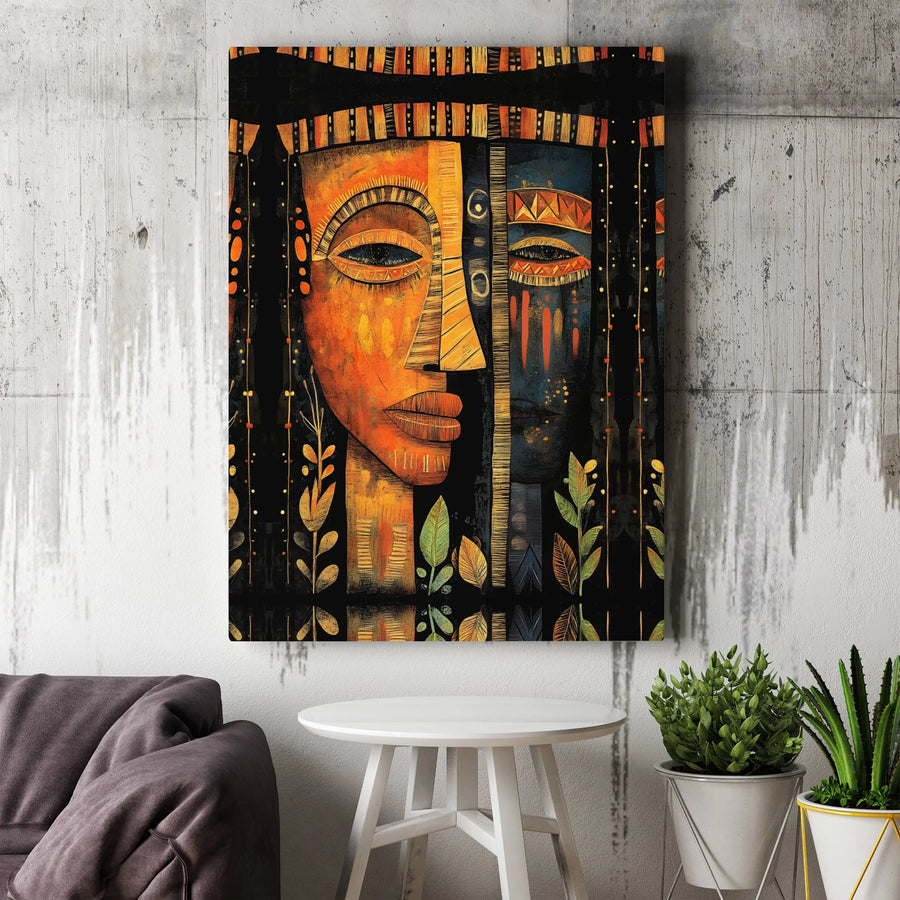 African Tribal Wall Art | Abstract Split-Face Portrait Canvas | Premium Fade-Resistant Print | Cultural Home Decor Gift