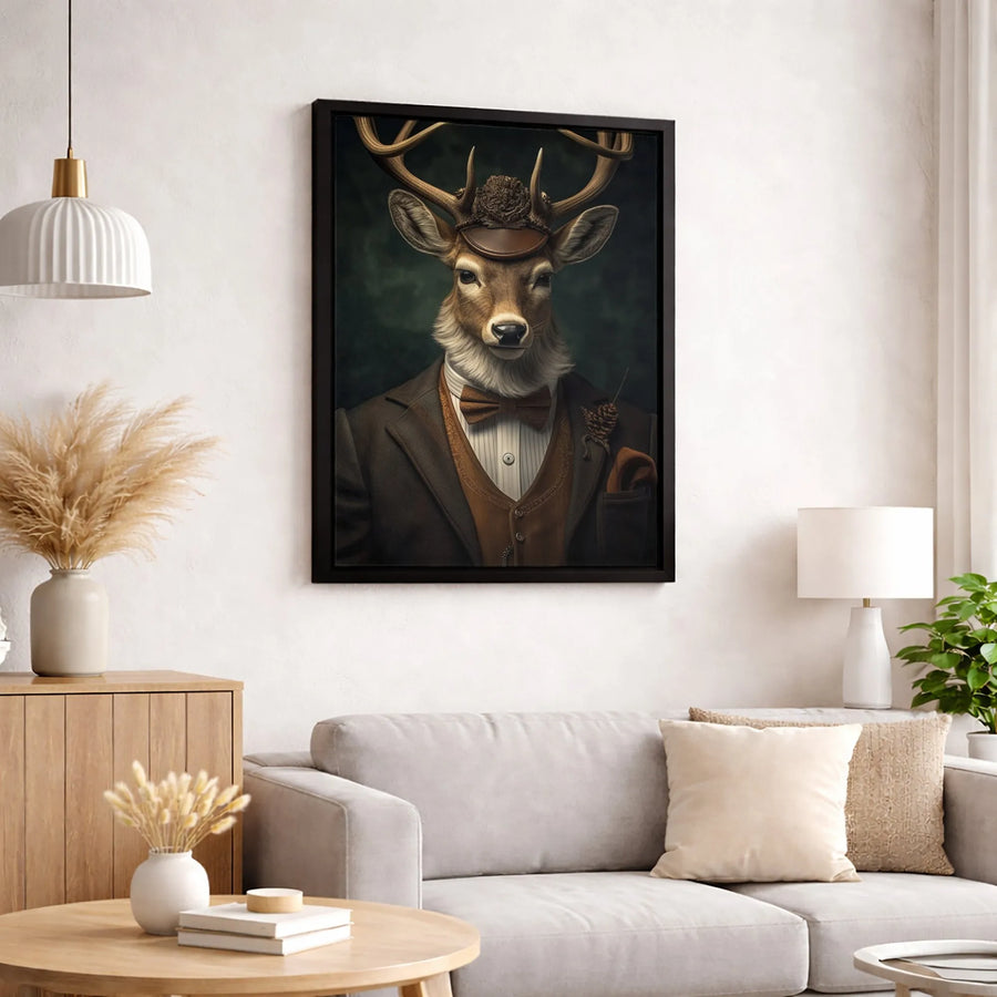 Gentleman Deer Canvas Print | Dapper Stag Portrait in Vintage Suit | Premium Gallery Wrapped Wall Art | Office and Home Decor Gift