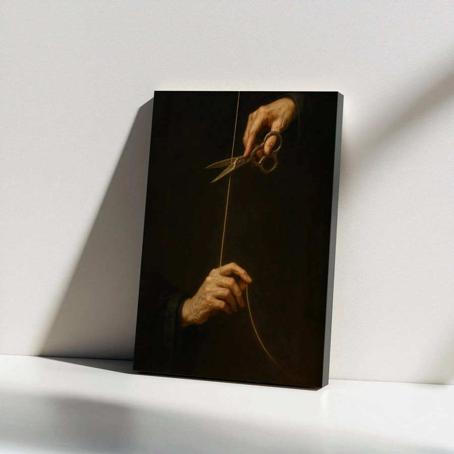 Atropos Cutting Thread of Life Canvas | Dark Academia Mythological Wall Art | Premium Frameless Print | Symbolic Home Decor Gift