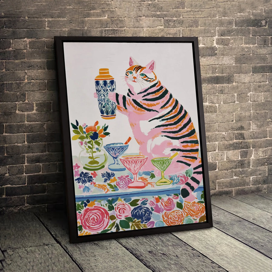 Pink Tiger Cat Canvas Wall Art | Whimsical Bartender With Cocktail Shaker | Premium Gallery-Wrapped Print | Unique Home Bar Decor Gift