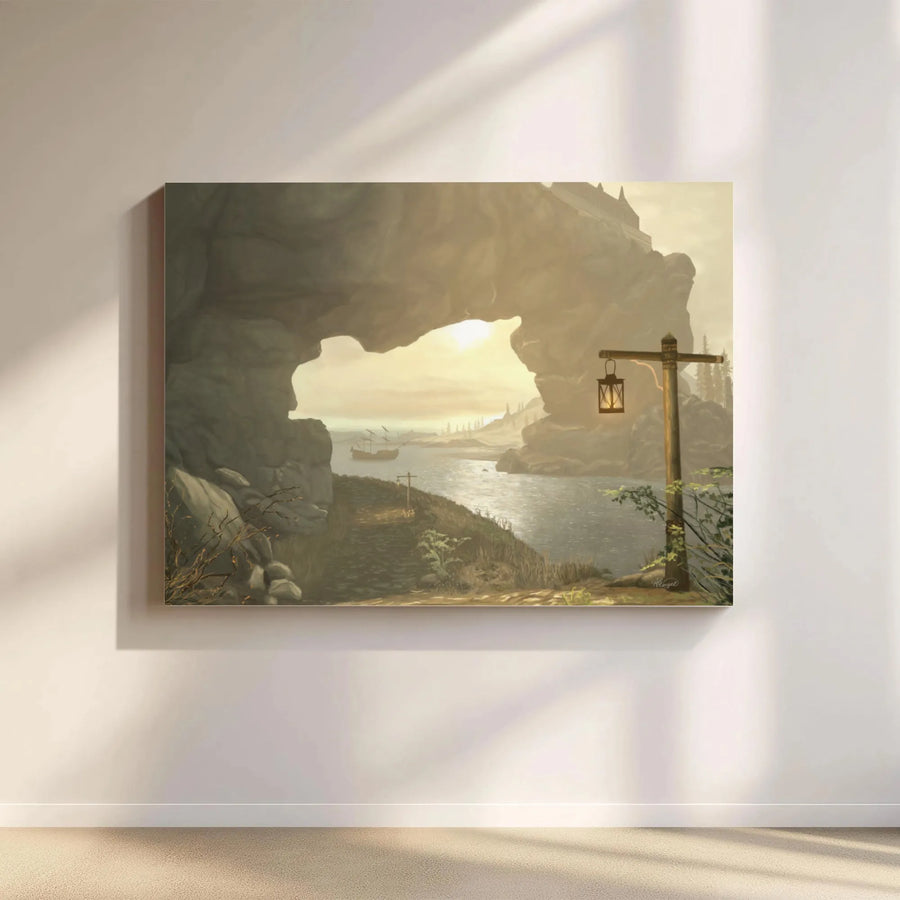 Fantasy Coastal Landscape Canvas | Rock Arch Ocean View with Lantern | Premium Gallery-Wrapped Print | Wall Decor Gift for Fantasy Lovers