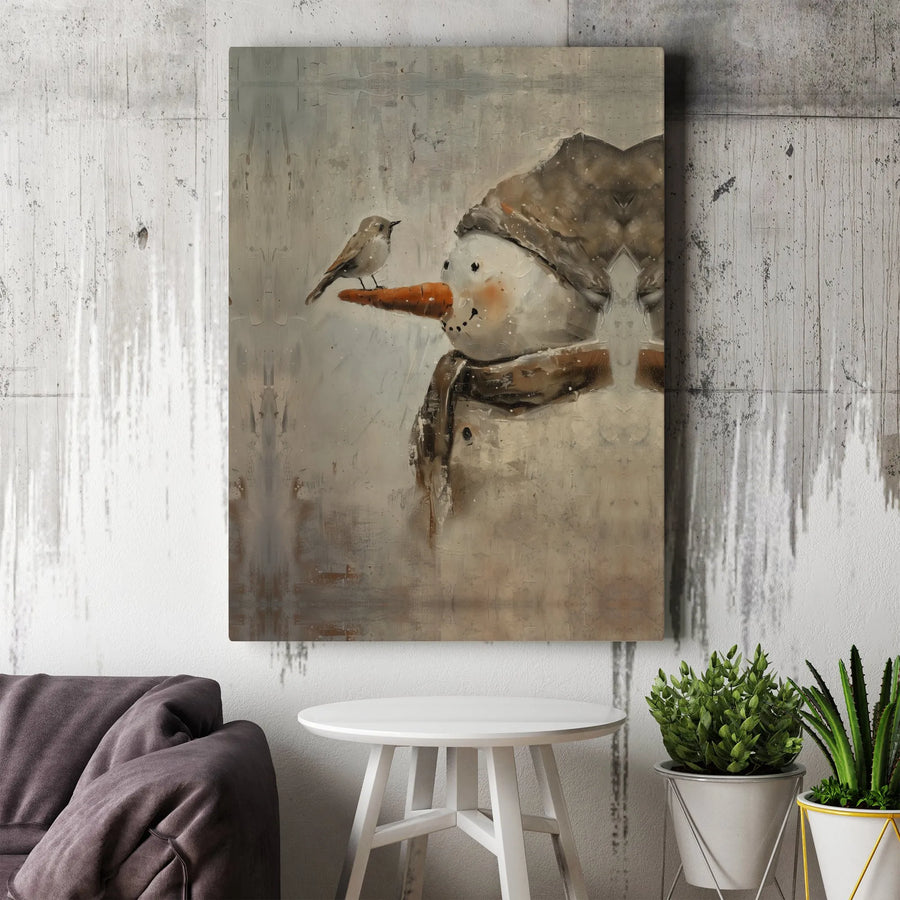 Rustic Snowman Canvas Wall Art | Winter Bird And Snowman Portrait | Premium Fade-Resistant Gallery Wrap | Seasonal Christmas Home Decor