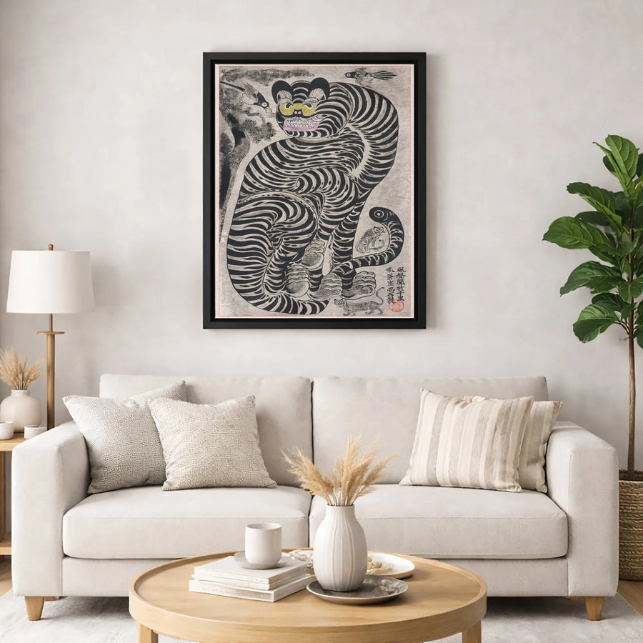 Korean Tiger and Magpie Painting | Kkachi-Horangi Folk Art Print | Gallery-Quality Canvas Wall Decor | Unique Cultural Home Gift