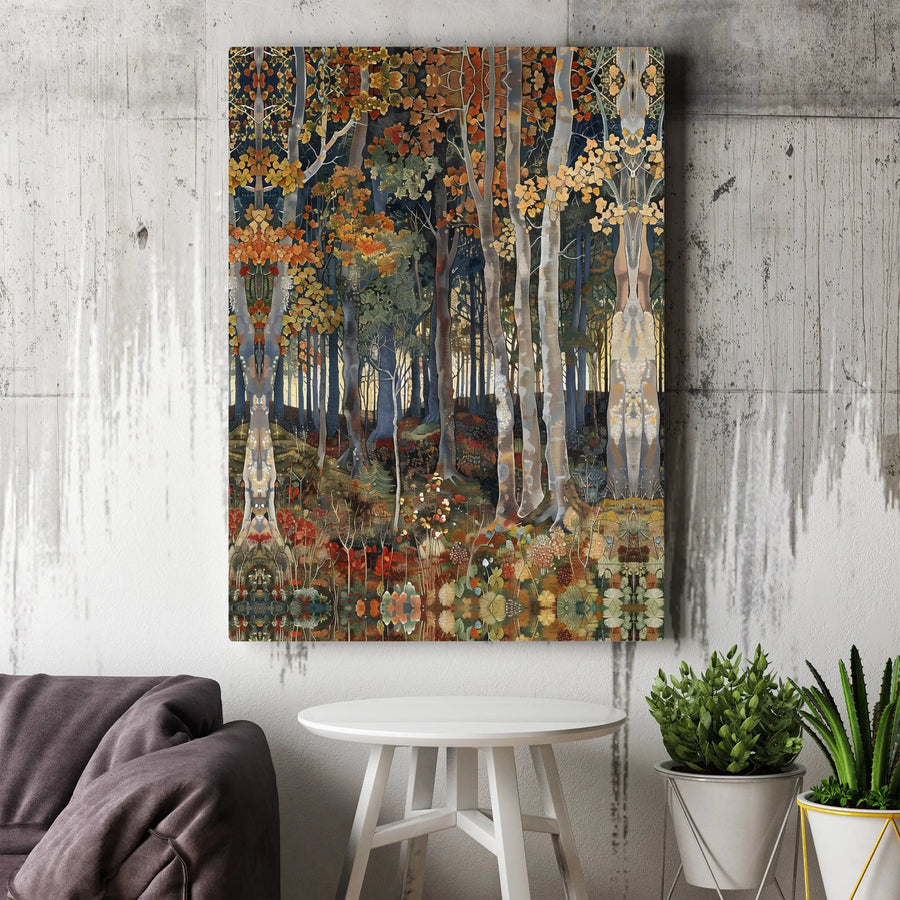 Autumn Forest Wall Art | Art Nouveau Symmetrical Woodland Print | Premium Gallery Wrapped Canvas | Nature Inspired Home Decor Gift