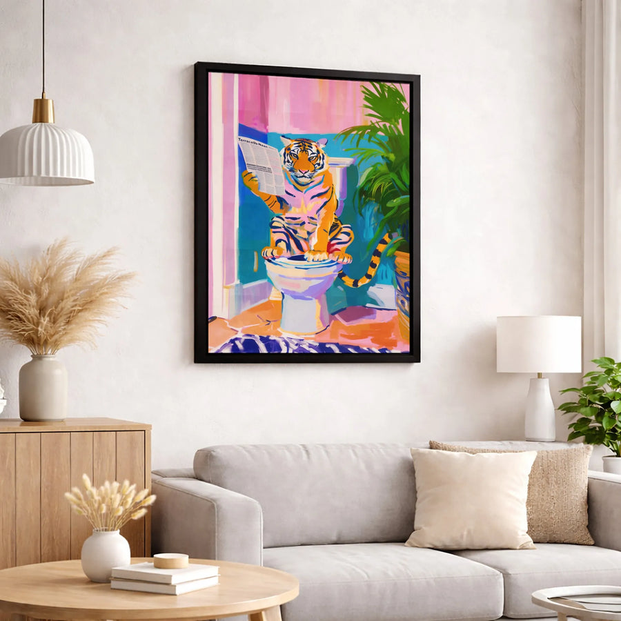 Tiger Reading Newspaper Canvas Wall Art | Funny Bathroom Decor Print | Premium 1.25-Inch Gallery Wrap | Quirky Animal Portrait for Home Office
