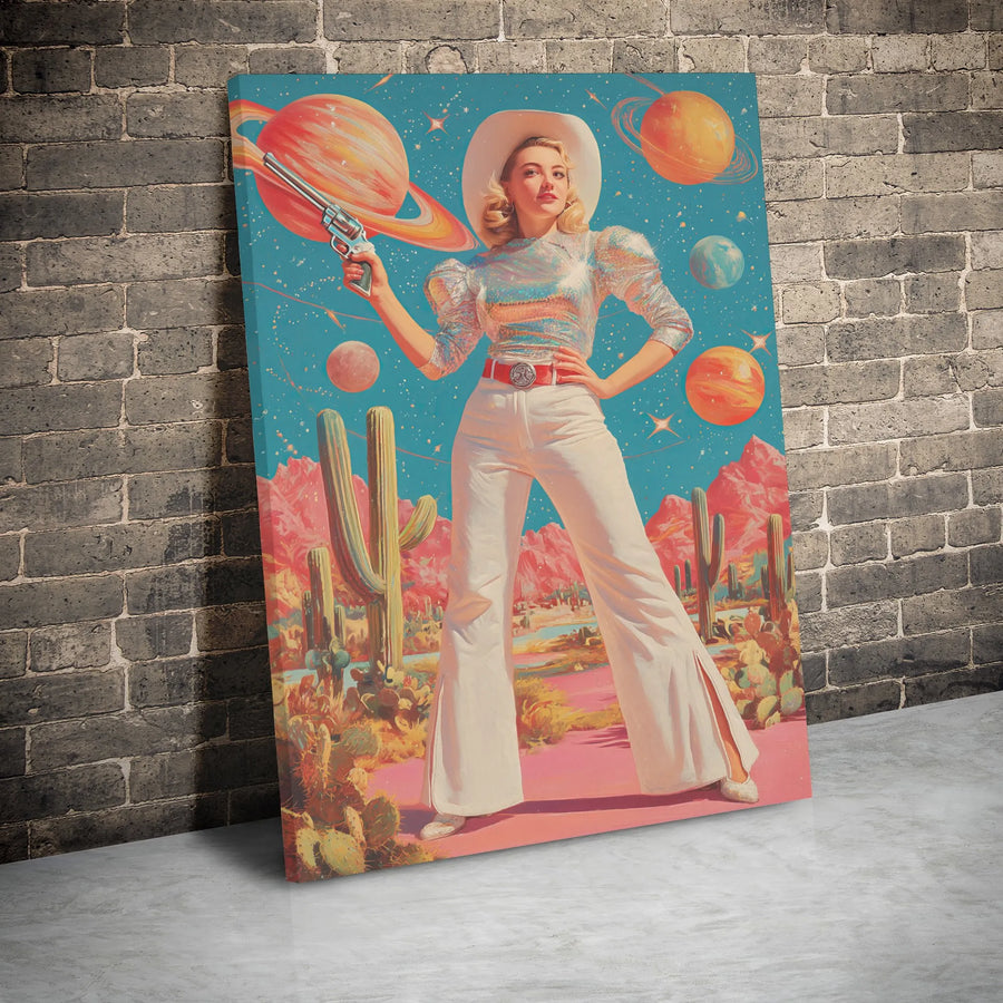 Space Cowgirl Canvas Art | Retro Western Cosmic Desert Wall Decor | Premium 1.25" Gallery Wrap | Gift for Boho Southwestern Art Lovers